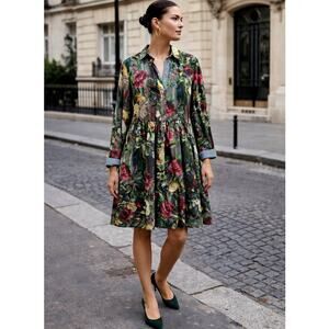 Dixie Italy Floral Mixed Media Midi Dress - M Pinstripe Trim Artsy Lagenlook